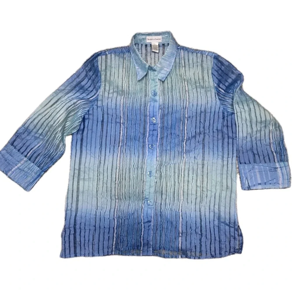 Drapers & Damons Blue Sheer Textured Stripe Button‎ Up Blouse Womens Large